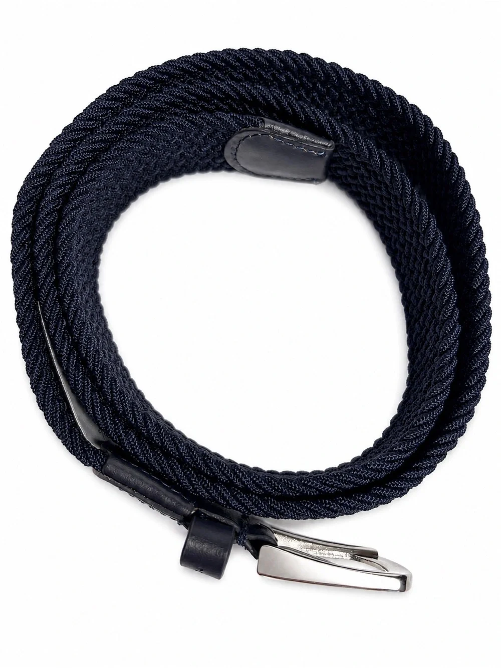 Peter England Navy Braided Stretch Woven Belt Leather Trim Silver Buckle 100cm